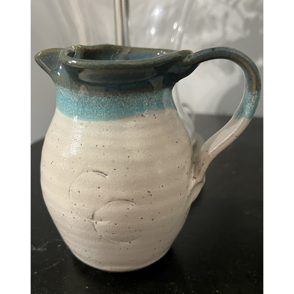 CCC Pottery Stoneware Pitcher Sea Blues Artist signed Pristine! Engraved On Side